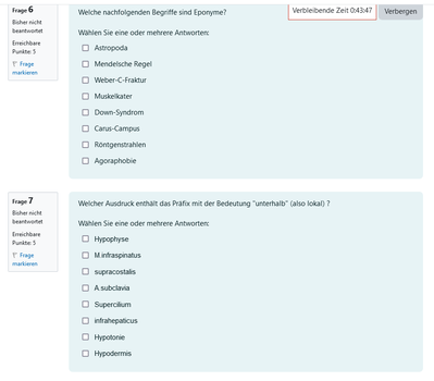 Zwei Fragen aus einem Onlinequiz aus der Vorlesung Medizinische Terminologie