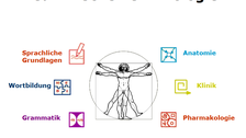 Überschrift: Medizinische Terminoligie, Grafik in der Mitte: Leonardo Da Vincis Zeichnung des vitruvianischen Menschen in Kreis und Viereck, daum verteilt Icons zu den Themen: Sprachliche Grundlagen, Wortbildung, Grammatik, Anatomie, Klinik, Pharmakologie