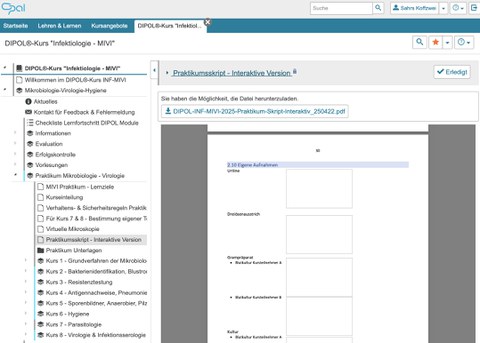 Scrennshot des OPAL-Kurses, in dem das Praktikumsskript angezeigt wird