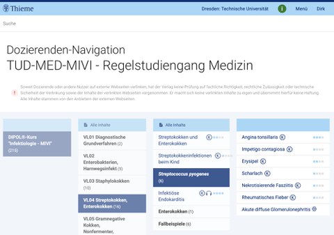 Es wird eine Übersicht der Inhalte von der Seite Thieme gezeigt mit der Überschrift Dozierenden-Navigation.