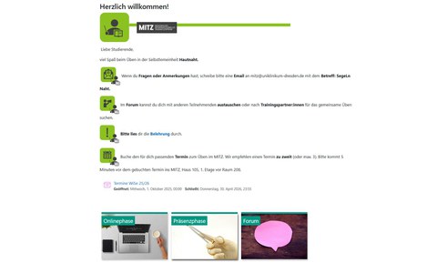 Die Seite zeigt wichtige Informationen und Termine an, sowie weiterführende Links zu Onlinephase, Präsenzphase und Forum.