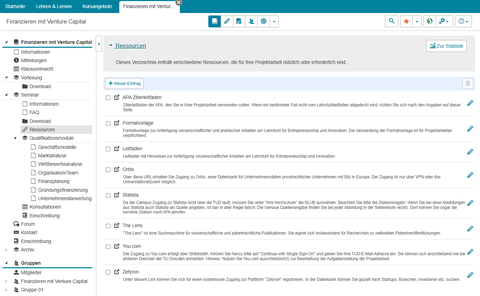 Unterordner Ressourcen des Seminars der Lehrveranstaltung mit gelisteten weiterführenden Links in OPAL