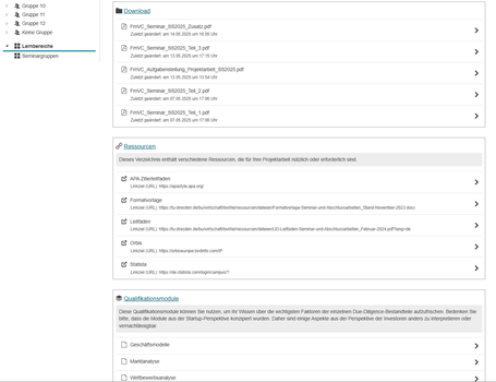 Übersicht im OPAL-Kurs unter den Ordner Seminar und dessen Unterordner Download, Ressourcen, Qualitätsmodule
