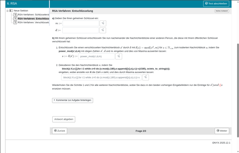 Screenshot: Online-Aufgabe zum Thema RSA mit Lückentextfeldern