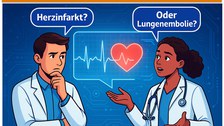 im E-Learning nachgestelle Situation einer Notaufnahme, wo zwei junge Ärzte über Krankheitsbild diskutieren