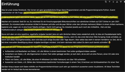 Screenshot des Textes des Einführungsskripts