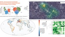 Collage aus 4 Bilder und einer Überschrift "PARAMETRIC VISUAKIZATION TECHNIQUES FOR EVALUATION OF PEOPLE'S BEHAVIOR AND QUANTITATIVE INTERACTION PATTERNS". Die Abbildungen links oben und rechts unten zeigen bunte Graphen. Die Abbildung zeigt eine Erdkugel mit unterschiedlich farbigen Punkten auf den Kontinenten. Die Abbildung rechts oben zeigt ein Satellitenbild mit farbigen Markierungen.