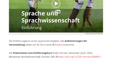 Screenshot einer TU-Dresden Website. Im oberen Teil der Abbildung befindet sich ein Standbild eines Videos, darauf der Titel "Sprache und Sprachwissenschaft Einführung". Die Überschrift der Website lautet "Einführungskurs". Unter dem Video ist Text.