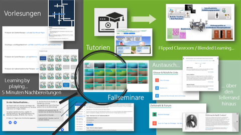 Collage aus vielen Bildern, die sich teilweise überlappen. Den Hintergrund bilden 4 verschiedenfarbige Rechtecke. Zwischen den Bildern stehen Wörter, wie beispielsweise „Vorlesungen“, „Tutorien“, „Fallseminare“. In der Mitte ist ein Lupensymbol.