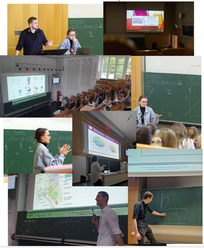 Die Abbildung zeigt eine Collage, bestehend aus 8 sich teilweise überlappender Fotos. Auf jedem der Fotos sind Personen vor einer Tafel oder Präsentation zu sehen, die scheinbar Vorträge halten.