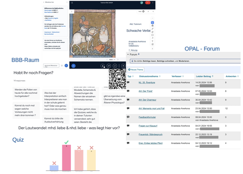 Collage aus 4 Screenshots. Die ersten beiden Screenshots, oben mittig und links angeordnet, zeigen eine Videokonferenz. Daneben steht "BBB-Raum". Der Screenshot auf der linken Seite ist mit "OPAL-Forum" beschriftet und zeigt 8 Forumseinträge auf OPAL. Der Screenshot am unteren Abbildungsrand ist mit "Quiz" beschriftet und zeigt ein Balkendiagramm. Drei der 4 Balken sind mit einem roten Kreuz gekennzeichnet, der 4. und größte Balken mit einem grünen Häkchen.