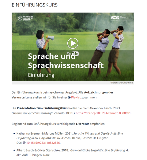 Screenshot einer TU-Dresden Website. Im oberen Teil der Abbildung befindet sich ein Standbild eines Videos, darauf der Titel "Sprache und Sprachwissenschaft Einführung". Die Überschrift der Website lautet "Einführungskurs". Unter dem Video ist Text.