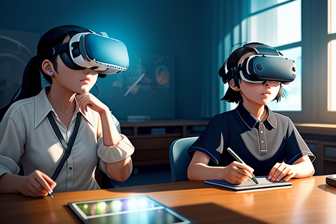 Die Abbildung zeigt eine KI-generierte Graphik. Im Vordergrund sitzen zwei Kinder mit VR-Brillen an einem Schreibtisch, beide haben ein Tablet vor sich liegen. Im Hintergrund ist ein Klassenzimmer abgebildet. 