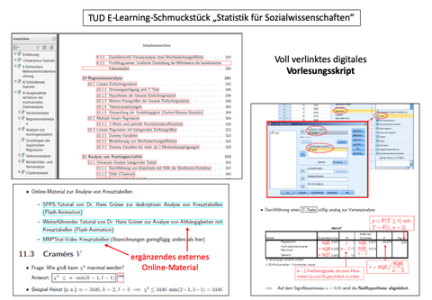 Die Abbildung zeigt eine Collage aus 3 Screenshots. Über den Screenshots steht die Überschrift "TUD E-Learning-Schmuckstück 'Statistik für Sozialwissenschaften'". Die Fotos stellen statistische Programme oder Texte dar. 