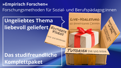 "'Empirisch Forschen' Forschungsmethoden für Sozial- und Berufspädagog:innen. Ungeliebtes Thema liebevoll geliefert - Das studifreundliche Komplettpaket." Geöffneter Karton mit Geschenk darin.