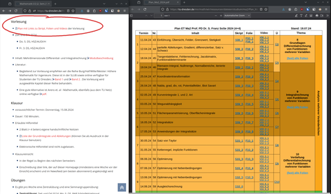 Screenshot: Webseite zur Lehrveranstaltung, daneben Übersichtsplan mit Links zu Materialien pro Termin