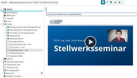 Screenshot OPAL-Kurs Bahnbetriebssicherung, links das Navigationsmenü, rechts ein Video Stellwerksseminar