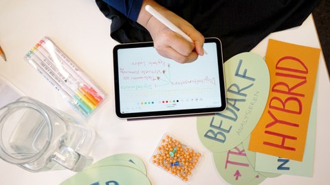 Eine Hand schreibt mit einem Pen auf ein Tablet. Um das Tablet sind Moderationskarten verteilt. 