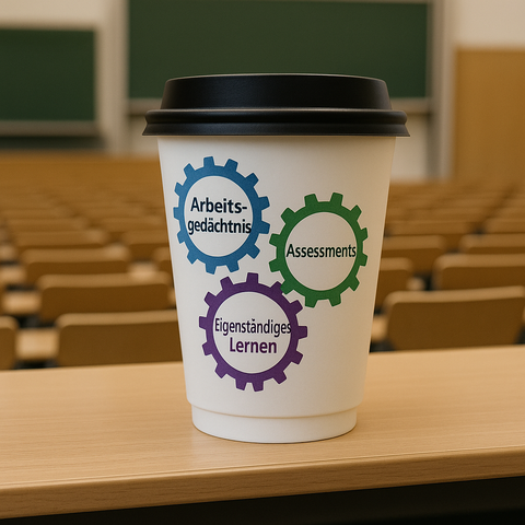  Im Vordergrund eines Vorlesungssaals steht ein Pult aus Holz. Auf dem Pult steht ein  TO-GO-Kaffeebecher. Auf dem Becher sind drei Zahnräder abgebildet mit jeweils eines der Wörter "Arbeitsgedächntis", "Assessments" und "Eigenständiges Lernen".