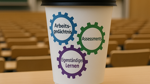  Im Vordergrund eines Vorlesungssaals steht ein Pult aus Holz. Auf dem Pult steht ein  TO-GO-Kaffeebecher. Auf dem Becher sind drei Zahnräder abgebildet mit jeweils eines der Wörter "Arbeitsgedächntis", "Assessments" und "Eigenständiges Lernen".