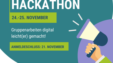 Computergrafik: Hand mit Mikrofon aus dem eine große Blase steigt. In der Blase steht: "JETZT ANMELDEN: HACKATHON! 24-25. November. Gruppenarbeit digital leicht(er) gemacht! Anmeldeschluss: 21. November" Darunter befindet sich in der linken Ecke das Logo des Verbundprojektes D2C2.