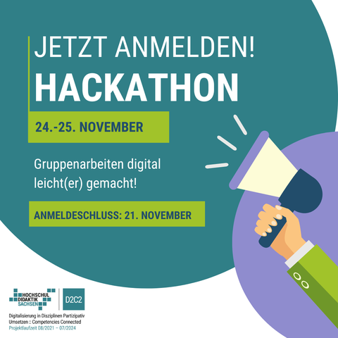 Computergrafik: Hand mit Mikrofon aus dem eine große Blase steigt. In der Blase steht: "JETZT ANMELDEN: HACKATHON! 24-25. November. Gruppenarbeit digital leicht(er) gemacht! Anmeldeschluss: 21. November" Darunter befindet sich in der linken Ecke das Logo des Verbundprojektes D2C2.