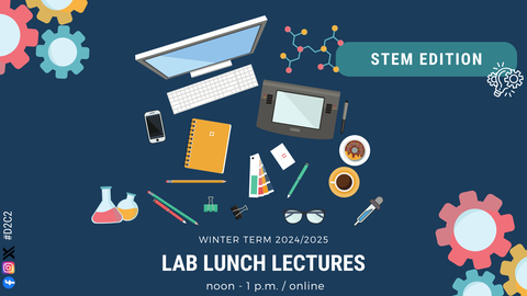 Cartoongrafik. Laptop, Stifte und verschiedene Werkzeuge aus den Ingenieurwissenschaften auf dunkelblauem Hintergrund. Darunter in weißer Schrift "Wintersemester 2024/2025. Werkstatt- und Laborpause. 12-13 Uhr. Digital"