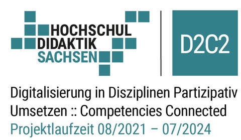 Rechteckiges D2C2 Logo mit 2 Zeilen petrolblauer Schrift auf weißem Hintergrund. Obere Zeile"HOCHSCHULDIDAKTIK SACHSEN /D2C2". Untere Zeile: "Digitalisierung in Disziplinen Partizipativ Umsetzen :: Competencies Connected"