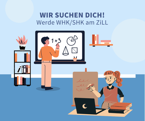 Cartoonzeichnung auf blauem Hintergrund. Das Bild zeigt zwei Personen. Eine Person macht Notizen auf einer Flipchart, die andere Person schreibt Zahlen an ein Whiteboard. Im Raum befinden sich zwei Regale und ein Tisch mit Büchern und Laptop.