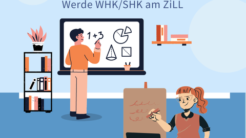 Cartoonzeichnung auf blauem Hintergrund. Das Bild zeigt zwei Personen. Eine Person macht Notizen auf einer Flipchart, die andere Person schreibt Zahlen an ein Whiteboard. Im Raum befinden sich zwei Regale und ein Tisch mit Büchern und Laptop.