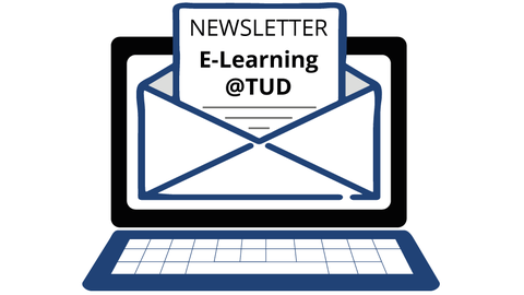 Logo: Laptop, auf dem Bildschirm ein Briefumschlag, aus dem ein Brief kommt, Aufschrift: Newsletter E-Learning@TUD