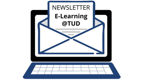 Logo: Laptop, auf dem Bildschirm ein Briefumschlag, aus dem ein Brief kommt, Aufschrift: Newsletter E-Learning@TUD
