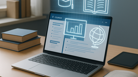 Ein Laptop steht auf einem Schreibtisch, auf dem Bildschirm ist eine Lernplattform geöffnet. Über dem Laptop schweben digitale Symbole: ein Doktorhut, ein aufgeschlagenes Buch, ein Monitor mit Balkendiagramm und ein Globus. Um den Laptop liegen Bücher.