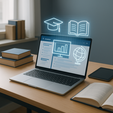A laptop is placed on a desk, displaying an educational platform on its screen. Floating above the laptop are digital icons: a graduation cap, an open book, a monitor with a bar chart, and a globe.