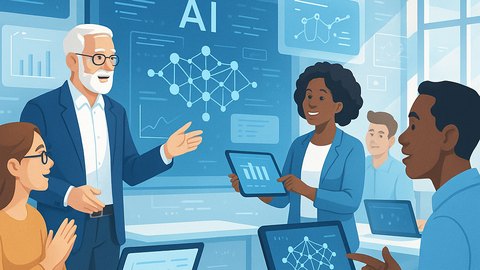 A group of people in a modern classroom learning about artificial intelligence. An older instructor is explaining something on a large screen labeled “AI.” Students use laptops and tablets to view data and charts.