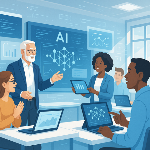 Eine Gruppe von Menschen in einem modernen Klassenraum lernt über künstliche Intelligenz. Ein älterer Dozent erklärt etwas an einem großen Bildschirm mit der Aufschrift „AI“. Studierende nutzen Laptops und Tablets, um Daten und Diagramme zu betrachten.