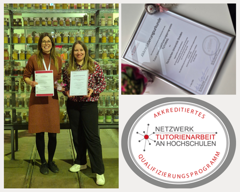 Two women stand in front of a wall of historical glass jars, holding certificates and a flower.