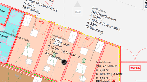 Section of a color-coded architectural floor plan showing several teaching and project rooms. Room boundaries, doors, furniture, and information on room names, floor areas, and heights are indicated.