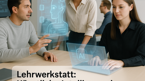 Drei junge Erwachsene arbeiten gemeinsam an einem Tisch mit futuristisch wirkenden, holografischen Benutzeroberflächen zum Thema Künstliche Intelligenz. Eine Frau tippt auf ein transparentes Laptop-Display mit der Aufschrift „AI“.
