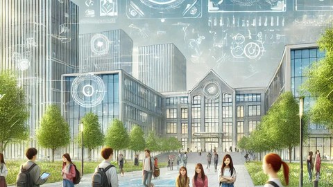 llustration eines modernen Universitätscampus. Studierende gehen und arbeiten in kleinen Gruppen im Freien. Die Szene zeigt futuristische Architektur, umgeben von viel Grün, und symbolisiert eine innovative und inspirierende Lernumgebung.