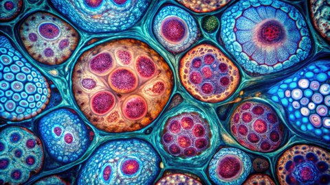 Microscopic image of biological cells in vibrant colors. The structure displays a variety of cell shapes with intricate, organic patterns in shades of blue, red, and gold.