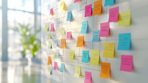 Bunte Haftnotizen sind auf einer Wand entlang eines schematischen Ablaufplans angeordnet. Die Notizen enthalten kurze Stichpunkte und visualisieren die Strukturierung und Planung von Ideen oder Arbeitsschritten in einem hellen, modernen Arbeitsraum.