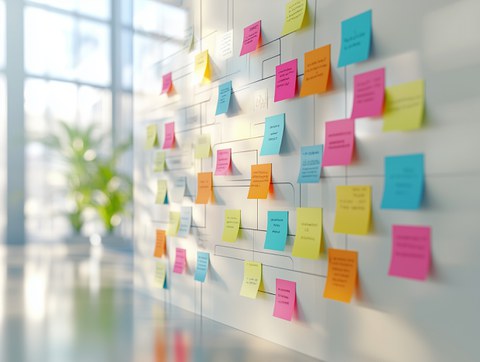 Bunte Haftnotizen sind auf einer Wand entlang eines schematischen Ablaufplans angeordnet. Die Notizen enthalten kurze Stichpunkte und visualisieren die Strukturierung und Planung von Ideen oder Arbeitsschritten in einem hellen, modernen Arbeitsraum.
