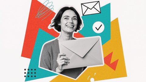 Eine Frau hält einen Brief in der Hand. Im Hintergrund sind bunte Farben und digitale Symbole.