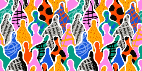Colorful abstract illustration featuring stylized human silhouettes in various colors and patterns, closely arranged together.