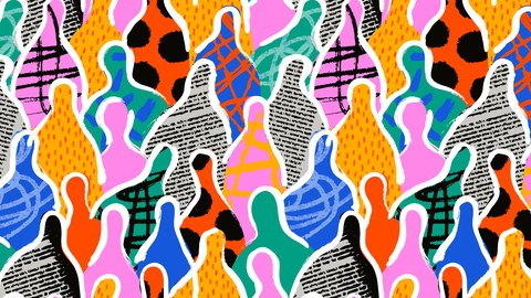 Colorful abstract illustration featuring stylized human silhouettes in various colors and patterns, closely arranged together.