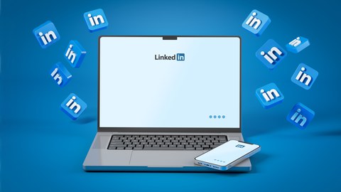 Ein Laptop mit einem Smartphone daneben, beide mit dem LinkedIn-Logo auf dem Bildschirm. Um das Gerät herum schweben mehrere blaue LinkedIn-Symbole auf einem blauen Hintergrund.