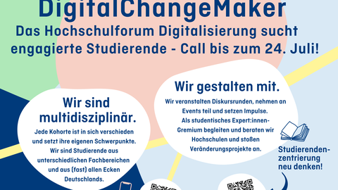 Das Bild zeigt auf buntem Hintergrund die Werbung für die Digital Change Maker Initiative.