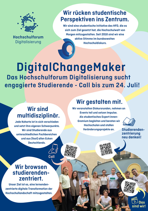 Das Bild zeigt auf buntem Hintergrund die Werbung für die Digital Change Maker Initiative.