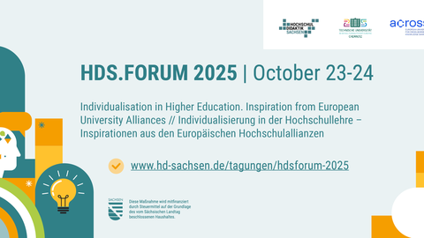 Graphic for the HDS.FORUM 2025, taking place on October 23–24. Title: “Individualisation in Higher Education – Inspiration from European University Alliances”. On the left, colorful abstract illustrations of a head with geometric shapes, below a lightbulb